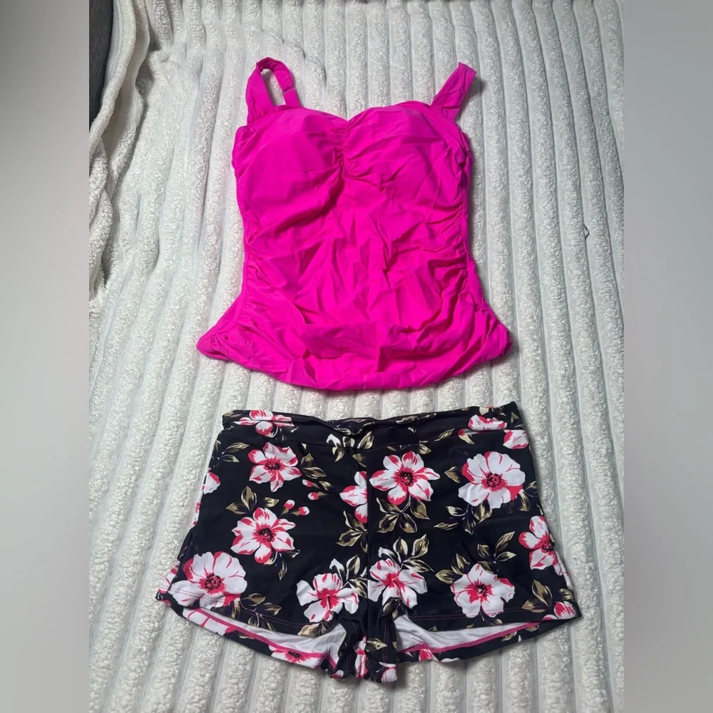 Women’s Ruched Tankini Top and bottoms set in Hot Pink - Picture 7 of 10